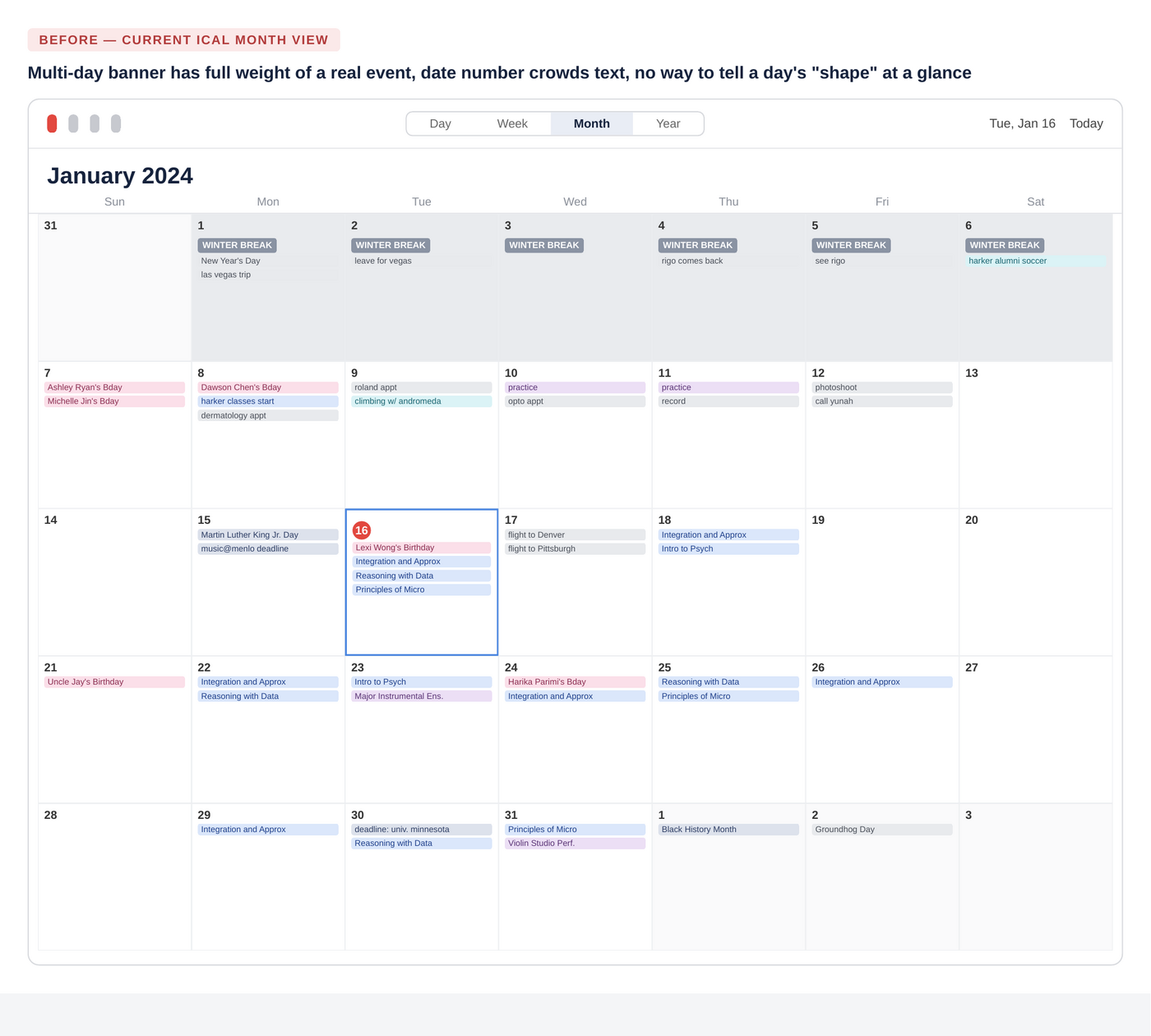 Before: current iCal Month View, January 2024