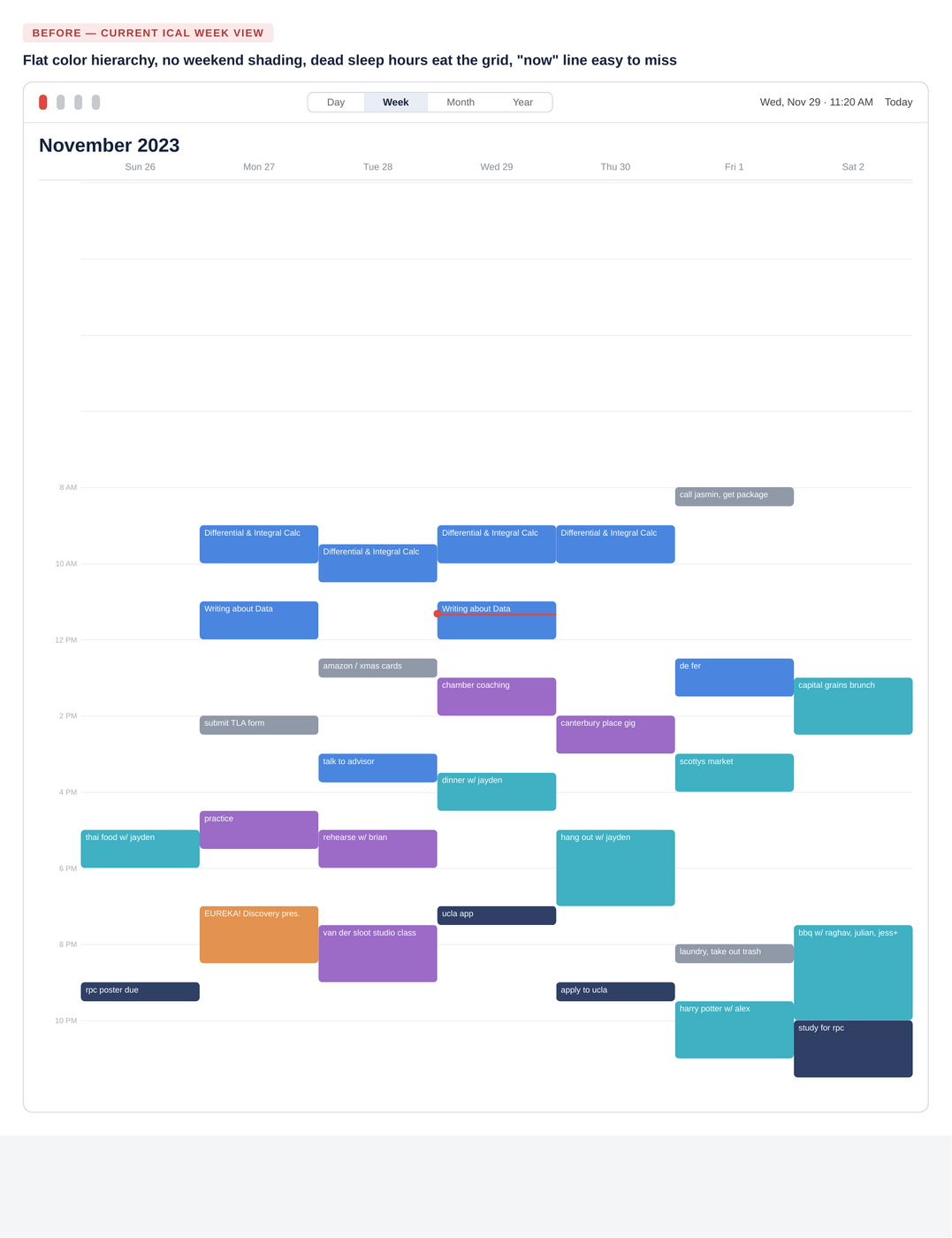 Before: current iCal Week View, November 2023