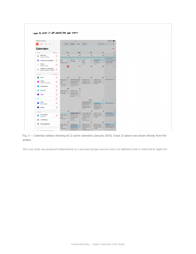Calendar sidebar showing all 12 active calendars, January 2024