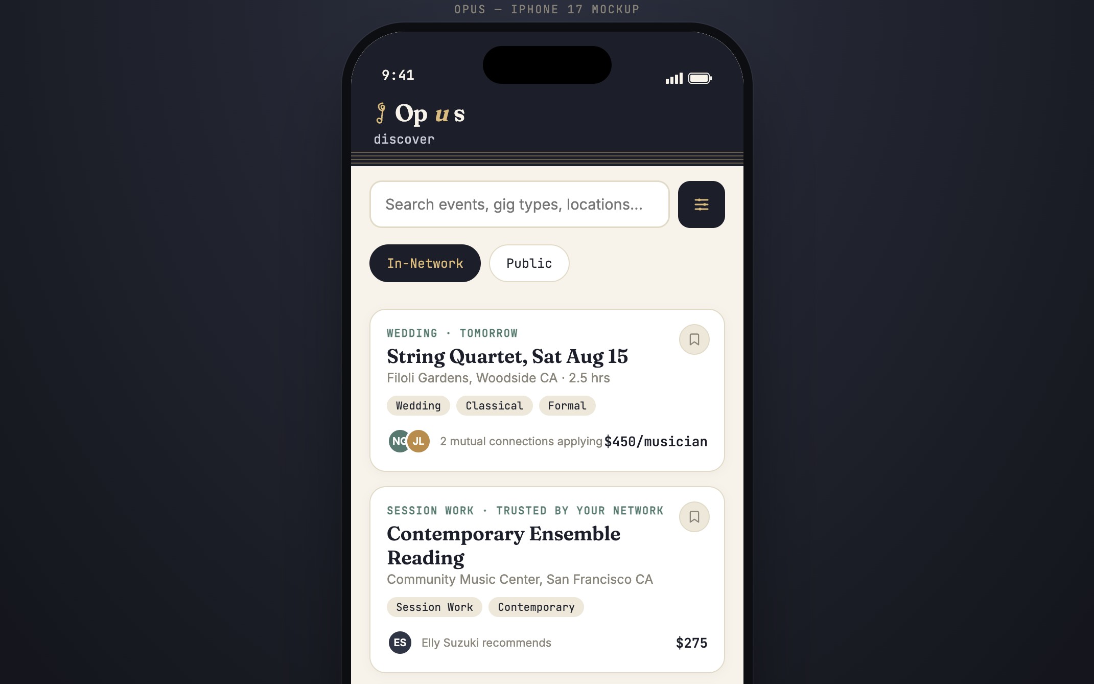 Opus app mockup on iPhone 17