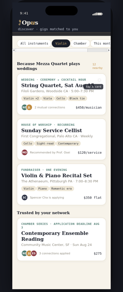 Opus app — Discover screen, scrolling