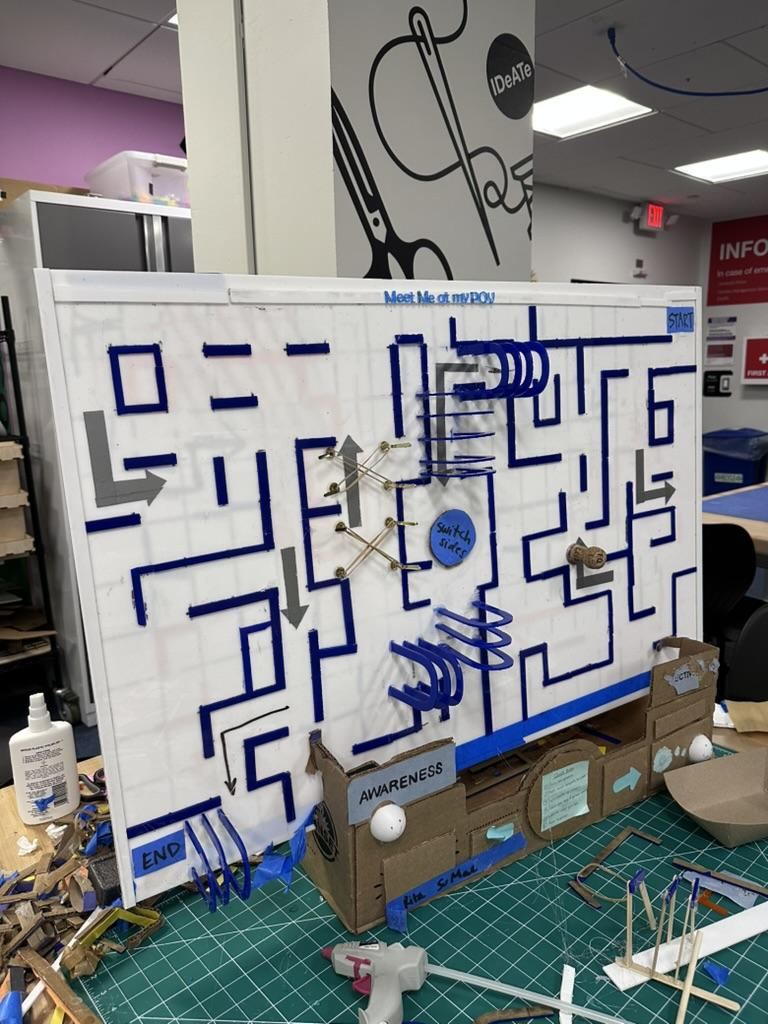 Close-up of the finished maze board showing the start marker, switch-sides wheel, spring obstacles, and directional arrows