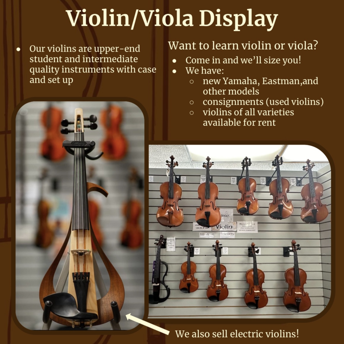West Valley Music violin and viola display post